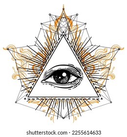 Blackwork tattoo flash. Eye of Providence. Masonic symbol. All seeing eye inside triangle pyramid. New World Order. Sacred geometry, religion, spirituality, occultism. Isolated vector illustration.