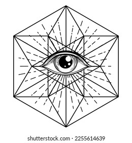 Blackwork tattoo flash. Eye of Providence. Masonic symbol. All seeing eye inside triangle pyramid. New World Order. Sacred geometry, religion, spirituality, occultism. Isolated vector illustration.