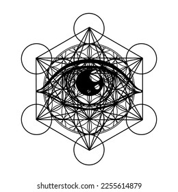 Blackwork tattoo flash. Eye of Providence. Masonic symbol. All seeing eye inside triangle pyramid. New World Order. Sacred geometry, religion, spirituality, occultism. Isolated vector illustration.