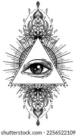 Blackwork tattoo flash. Eye of Providence. Masonic symbol. All seeing eye inside triangle pyramid. New World Order. Sacred geometry, religion, spirituality, occultism. Isolated vector illustration.