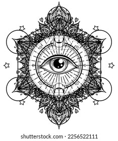 Blackwork tattoo flash. Eye of Providence. Masonic symbol. All seeing eye inside triangle pyramid. New World Order. Sacred geometry, religion, spirituality, occultism. Isolated vector illustration.