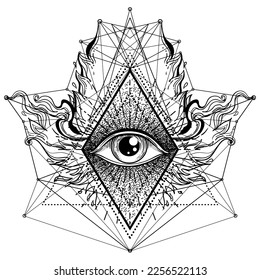 Blackwork tattoo flash. Eye of Providence. Masonic symbol. All seeing eye inside triangle pyramid. New World Order. Sacred geometry, religion, spirituality, occultism. Isolated vector illustration.