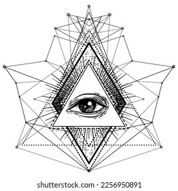 El tatuaje de trabajo negro se enciende. Ojo de providencia. Símbolo masónico. Todos viendo los ojos dentro de la pirámide del triángulo. Nuevo orden mundial. Geometría sagrada, religión, espiritualidad, ocultismo. Ilustración vectorial aislada.