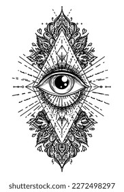 Blackwork tattoo flash. Eye of Providence. Masonic symbol. All seeing eye inside triangle pyramid. New World Order. Sacred geometry, religion, spirituality, occultism. Isolated vector illustration.