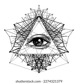 Blackwork tattoo flash. Eye of Providence. Masonic symbol. All seeing eye inside triangle pyramid. New World Order. Sacred geometry, religion, spirituality, occultism. Isolated vector illustration.