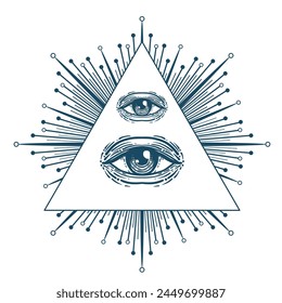 Blackwork tattoo flash. Eye of Providence. Masonic symbol. All seeing eye inside triangle pyramid. New World Order. Sacred geometry, religion, spirituality, occultism. Isolated vector illustration