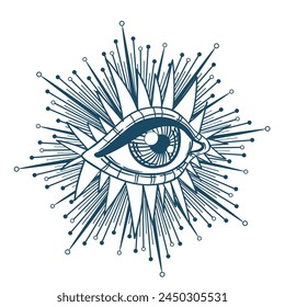 Blackwork tattoo flash. Eye of Providence. Masonic symbol. All seeing eye inside triangle pyramid. New World Order. Sacred geometry, religion, spirituality, occultism. Isolated vector illustration