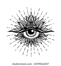 Blackwork tattoo flash. Eye of Providence. Masonic symbol. All seeing eye inside triangle pyramid. New World Order. Sacred geometry, religion, spirituality, occultism. Isolated vector illustration