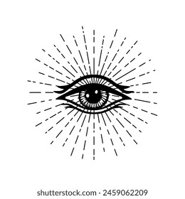 Blackwork Tattoo Flash. Auge der Vorsehung. Freimaurer-Symbol. Alle sehen Auge in Dreieckspyramide. Neue Weltordnung. Heilige Geometrie, Religion, Spiritualität, Okkultismus. isolierte Vektorillustration