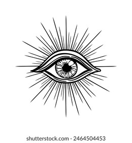 Flash de tatuaje negro. Ojo de la Providencia. Símbolo masónico. Todos ven el ojo dentro de la pirámide del triángulo. Nuevo Orden Mundial. Geometría, religión, espiritualidad, ocultismo. Ilustración vectorial aislada