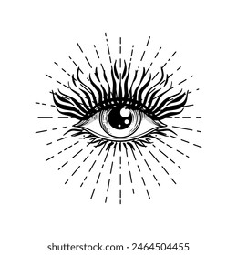Blackwork tattoo flash. Eye of Providence. Masonic symbol. All seeing eye inside triangle pyramid. New World Order. Sacred geometry, religion, spirituality, occultism. Isolated vector illustration