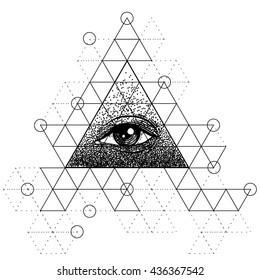 Blackwork tattoo flash. Eye of Providence. Masonic symbol. All seeing eye inside triangle pyramid. New World Order. Sacred geometry, religion, spirituality, occultism. Isolated vector illustration.