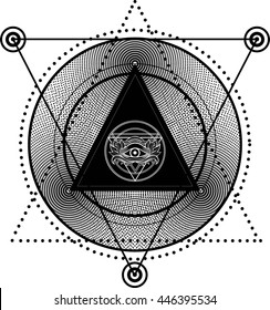 Blackwork tattoo flash. Eye of Providence. Masonic symbol. All seeing eye inside triangle pyramid. Halftone abstract background. Sacred geometry,spirituality, occultism. Isolated vector illustration.