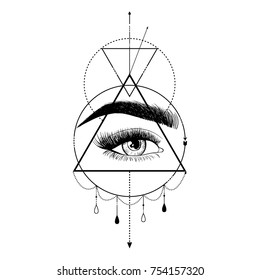 Blackwork tattoo flash. Eye of Providence. Masonic symbol. All seeing eye inside triangle pyramid. New World Order. Sacred geometry, religion, spirituality, occultism. Illustration of third eye sign