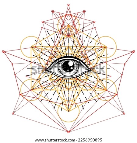 Blackwork tattoo flash. Eye of Providence. Masonic symbol. All seeing eye inside triangle pyramid. New World Order. Sacred geometry, religion, spirituality, occultism. Isolated vector illustration.