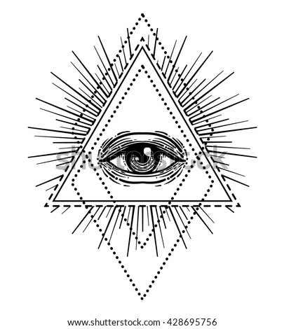 Blackwork tattoo flash. Eye of Providence. Masonic symbol. All seeing eye inside triangle pyramid. New World Order. Sacred geometry, religion, spirituality, occultism. Isolated vector illustration.