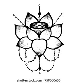 Blackwork tattoo flash. Lotus flower with string of beads. Henna Tattoo, mystic symbol. Boho print, poster, t-shirt. textiles.Vector illustration art. Vintage engraving. Ethnic Traditional art tattoos.