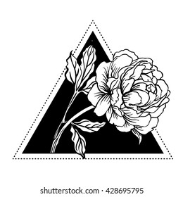 Blackwork tattoo flash. Peony flower with sacred geometry. Vector illustration isolated on white. Tattoo design, mystic symbol. New school dotwork. Boho design. Print, posters, t-shirts and textiles.