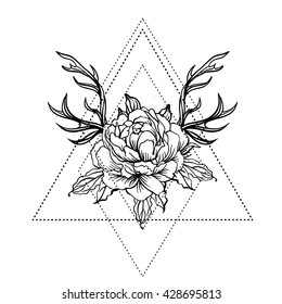 Blackwork tattoo flash. Peony flower with deer antlers. Vector illustration isolated on white. Tattoo design, mystic symbol. New school dotwork. Boho design. Print, posters, t-shirts and textiles.