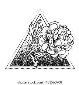 Blackwork tattoo flash. Peony flower with sacred geometry. Vector illustration isolated on white. Tattoo design, mystic symbol. New school dotwork. Boho design. Print, posters, t-shirts and textiles.