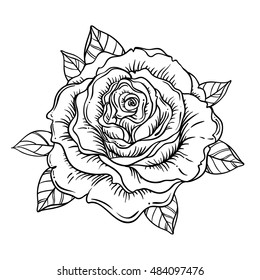Blackwork Tattoo Flash. Rose Flower. Highly Detailed Vector Illustration Isolated On White. Tattoo Design, Mystic Symbol. New School Dotwork. Boho Design. Print, Posters, T-shirts And Textiles.