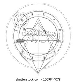 Blackwork tattoo flash. Sacred geometry, arrow and moon. Highly detailed vector illustration isolated on white. Mystic symbol. New school dotwork. Boho design. Print, posters, t-shirts.