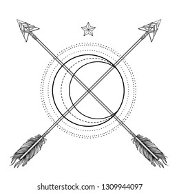 Blackwork tattoo flash. Sacred geometry, arrow and moon. Highly detailed vector illustration isolated on white. Mystic symbol. New school dotwork. Boho design. Print, posters, t-shirts.