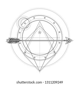 Blackwork tattoo flash. Sacred geometry, arrow and moon. Highly detailed vector illustration isolated on white. Mystic symbol. New school dotwork. Boho design. Print, posters, t-shirts.