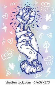 Blackwork tattoo flash. Vintage woman`s hand holding rose flower. Doodle signs around. Dark romance. High-detailed vector artwork isolated. Tattoo art, mystic symbol, alchemy. Print, poster, t-shirts.