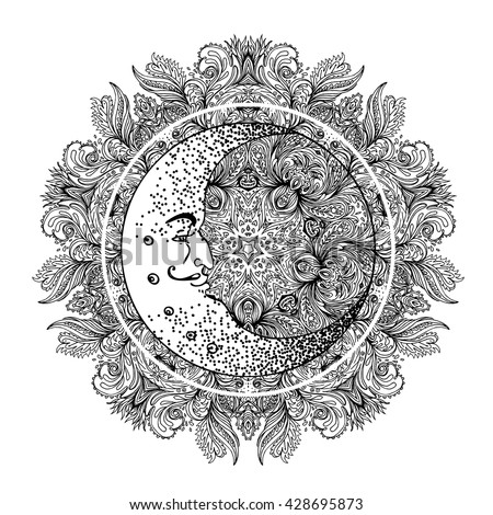 Download Blackwork Tattoo Flash Crescent Moon Over Mandala Stock ...