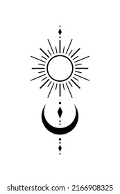 Blackwork tattoo sketch with moon and sun. Sacred geometry tattoo design, mystic symbol. New school dotwork, line art minimalist style tattoo. Boho design. Print, posters, t-shirts and textiles.