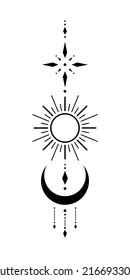 Blackwork tattoo sketch with sun, moon, star. Sacred geometry tattoo design, mystic symbol. New school dotwork, line art minimalist style tattoo. Boho design. Print, posters, t-shirts and textiles.