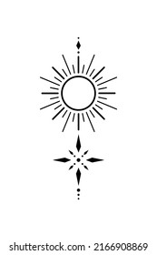 Esbozo de tatuajes de trabajo negro con sol y estrella. Diseño de tatuajes de geometría sagrada, símbolo místico. Nueva escuela de dotwork, arte de líneas de tatuaje de estilo minimalista. Diseño de Boho. Impresión, afiches, camisetas y textiles.