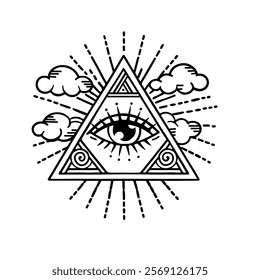 Blackwork Vector Illustration of the Eye of Providence, Masonic Symbol. All-Seeing Eye in Triangle with Clouds and Rays. Occult, Sacred Geometry, Religion, Spirituality