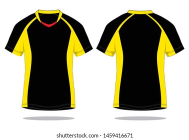 Black-Yellow Raglan Soccer Jersey Shirt Design On White Background.Front And Back View, Vector File.