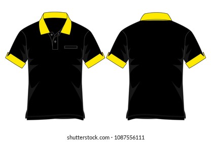 Black-Yellow Short Sleeve Polo Shirt With Cuff-Sleeve Foldable Design On White
Background.Front and Back View, Vector File