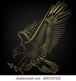 Águila negra volando sobre fondo negro ,ilustración Tatuaje de borde dorado sobre fondo negro