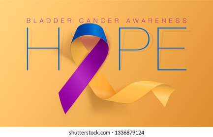 Bladder Cancer Awareness Calligraphy Poster Design. Hope. Realistic Marigold And Blue And Purple Ribbon. May is Cancer Awareness Month. Vector