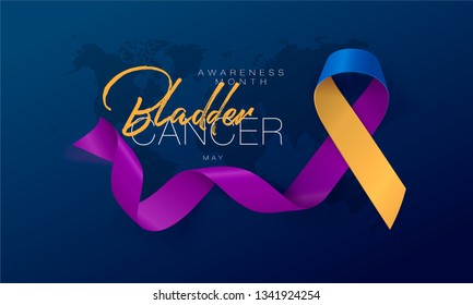 Bladder Cancer Awareness Calligraphy Poster Design. Realistic Marigold And Blue And Purple Ribbon. May is Cancer Awareness Month. Vector