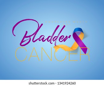 Bladder Cancer Awareness Calligraphy Poster Design. Realistic Marigold And Blue And Purple Ribbon. May is Cancer Awareness Month. Vector