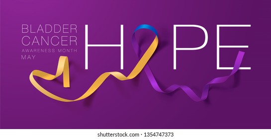 Bladder Cancer Awareness Calligraphy Poster Design. Hope. Realistic Marigold And Blue And Purple Ribbon. May is Cancer Awareness Month. Vector