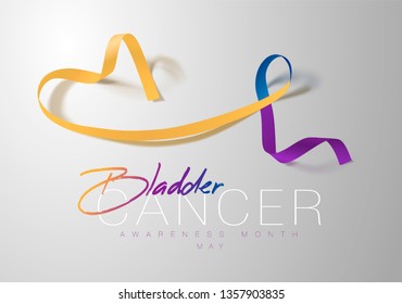 Bladder Cancer Awareness Calligraphy Poster Design. Realistic Marigold And Blue And Purple Ribbon. May is Cancer Awareness Month. Vector