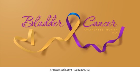 Bladder Cancer Awareness Calligraphy Poster Design. Realistic Marigold And Blue And Purple Ribbon. May is Cancer Awareness Month. Vector