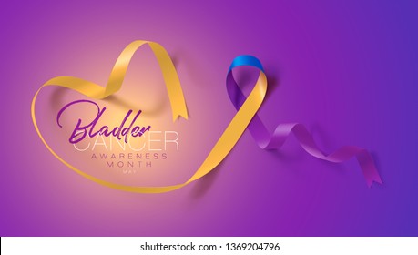Bladder Cancer Awareness Calligraphy Poster Design. Realistic Marigold And Blue And Purple Ribbon. May is Cancer Awareness Month. Vector