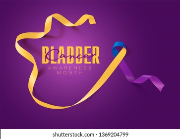 Bladder Cancer Awareness Calligraphy Poster Design. Realistic Marigold And Blue And Purple Ribbon. May is Cancer Awareness Month. Vector