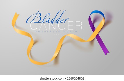 Bladder Cancer Awareness Calligraphy Poster Design. Realistic Marigold And Blue And Purple Ribbon. May is Cancer Awareness Month. Vector