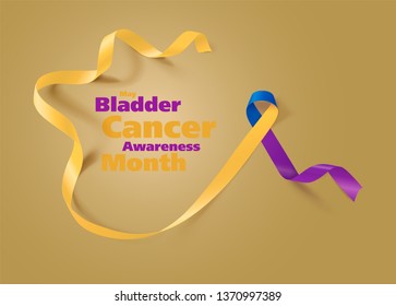 Bladder Cancer Awareness Calligraphy Poster Design. Realistic Marigold And Blue And Purple Ribbon. May is Cancer Awareness Month. Vector