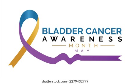Bladder Cancer Awareness Calligraphy Poster Design. Purple Ribbon and Realistic Marigold And Blue vector.