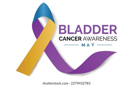 Bladder Cancer Awareness Calligraphy Poster Design. Purple Ribbon and Realistic Marigold And Blue vector.