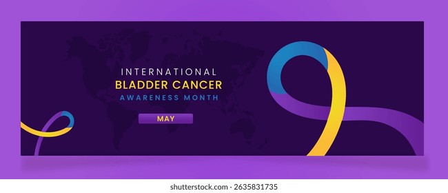 Bladder Cancer awareness campaign banner with Blue, purple and yellow ribbon symbols on gradient pastel light purple background.
